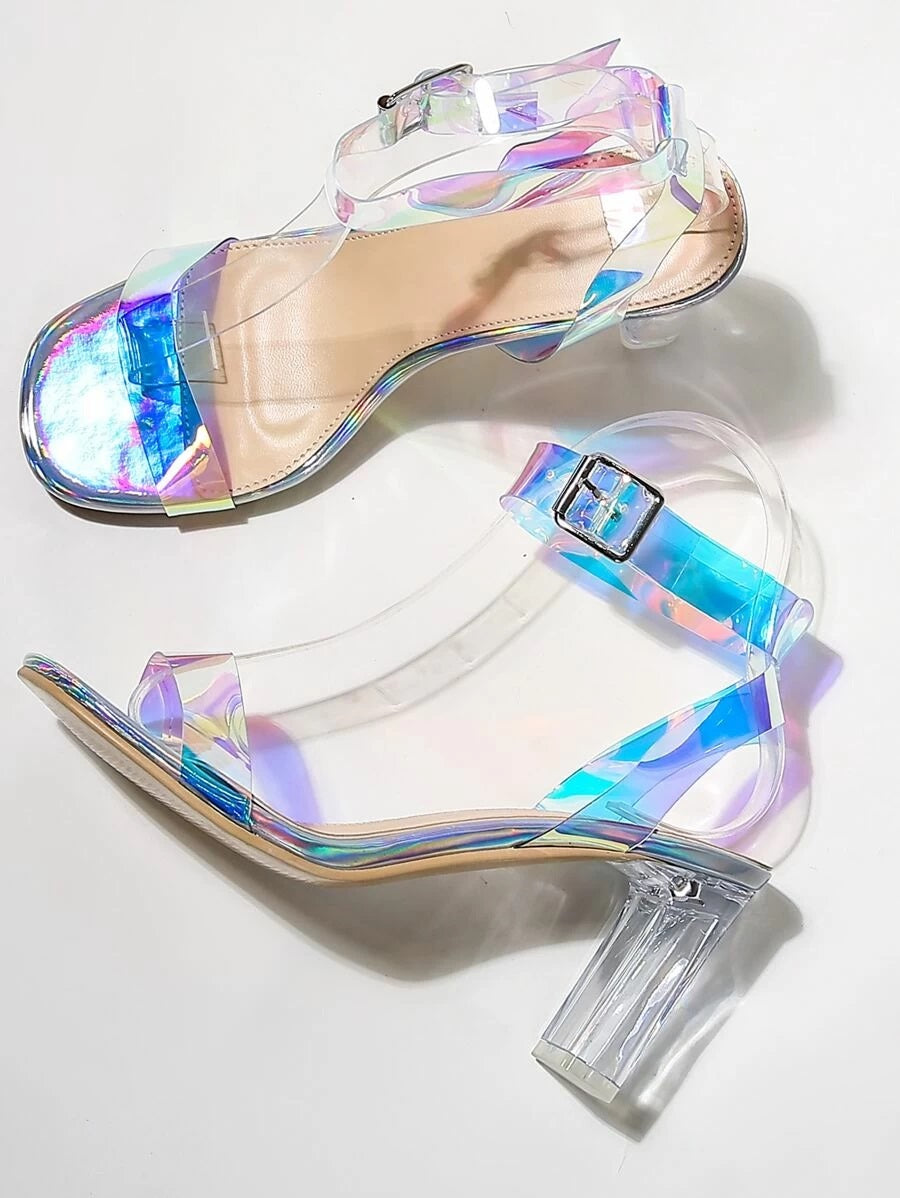 CM-SHS421492 Women Elegant Seoul Style Holographic Open Toe Ankle Strap Heels