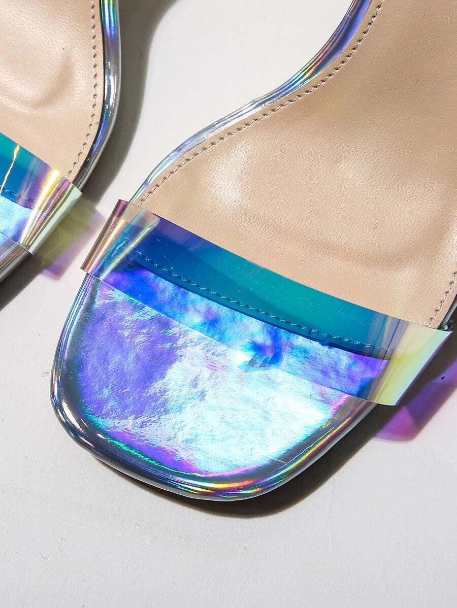 CM-SHS421492 Women Elegant Seoul Style Holographic Open Toe Ankle Strap Heels