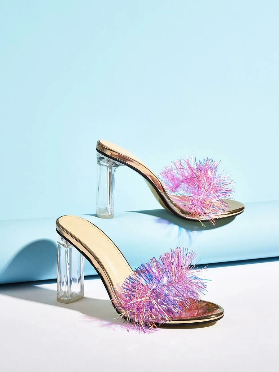 CM-SHS421359 Women Elegant Seoul Style Open Toe Colorblock Chunky Heeled Mules