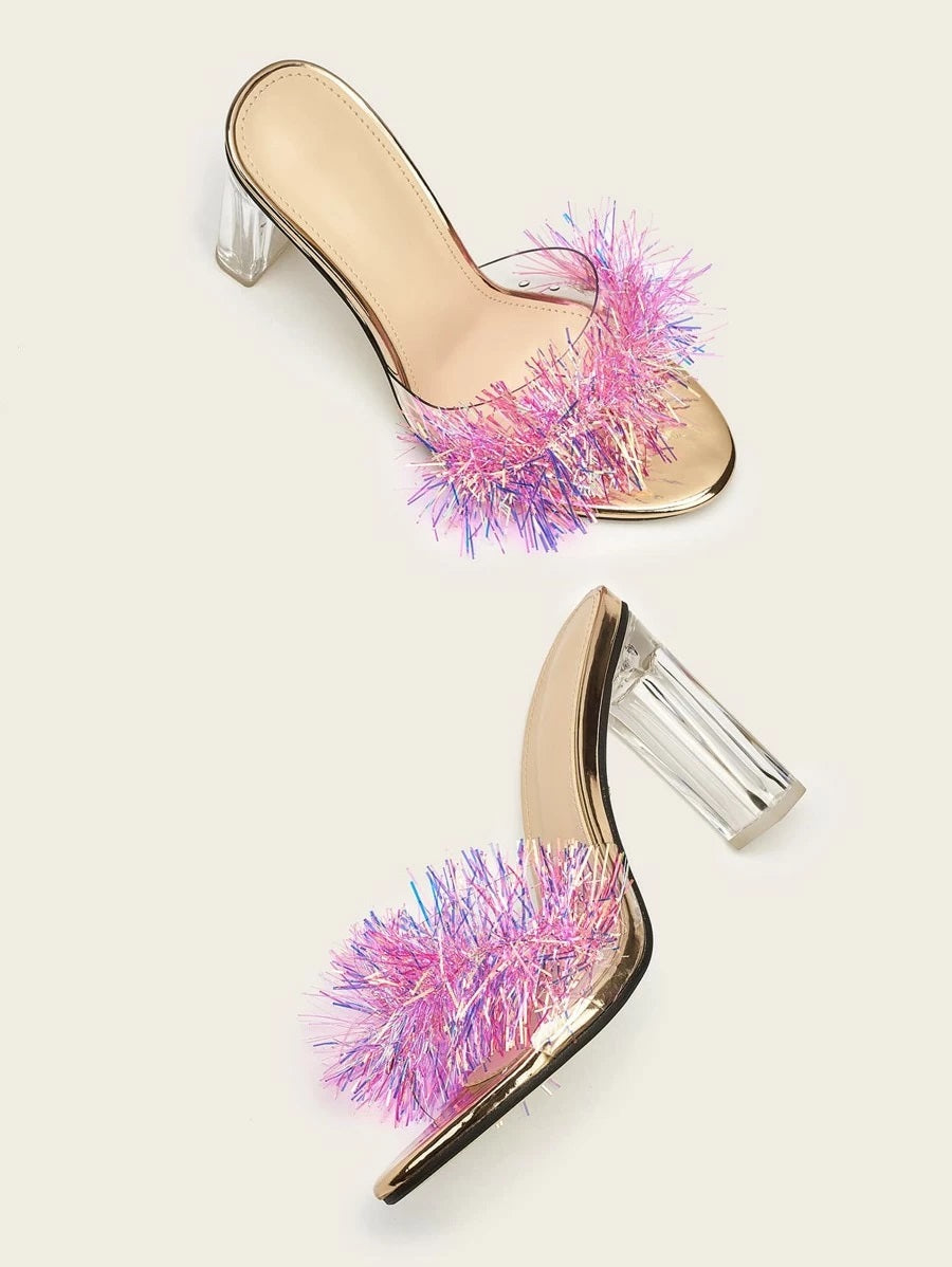 CM-SHS421359 Women Elegant Seoul Style Open Toe Colorblock Chunky Heeled Mules