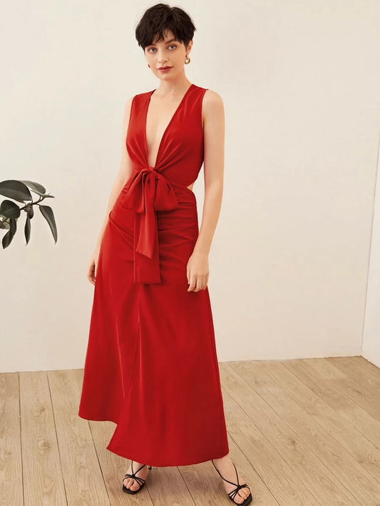 CM-DS319784 Women Elegant Seoul Style Sleeveless Plunge Neck Tie Front Cut Out Back Split Dress - Red