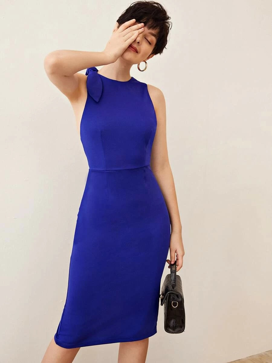 CM-DS319182 Women Elegant Seoul Style Sleeveless Knotted Open Back Split Hem Midi Dress - Blue