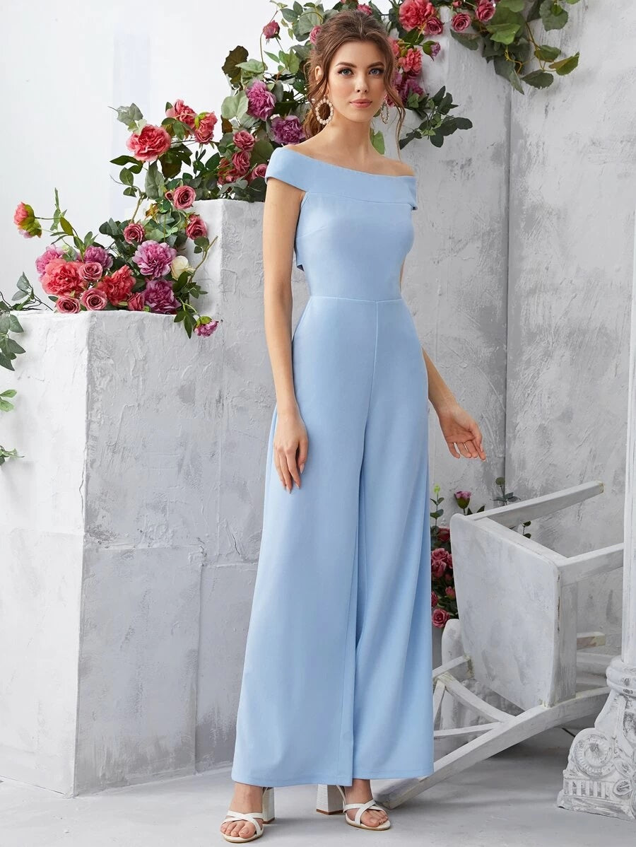 CM-JS302942 Women Elegant Seoul Style Short Sleeve Off Shoulder Cutout Back Palazzo Jumpsuit - Blue