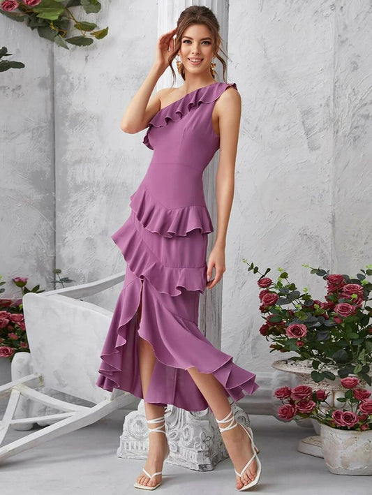 CM-DS304218 Women Elegant Seoul Style One Shoulder Layered Ruffle Trim Long Dress - Purple