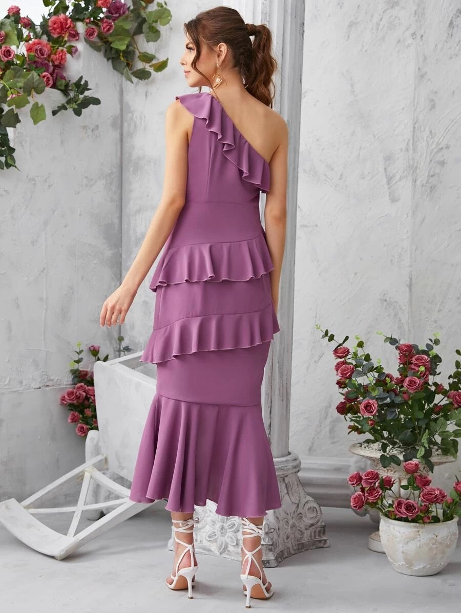 CM-DS304218 Women Elegant Seoul Style One Shoulder Layered Ruffle Trim Long Dress - Purple