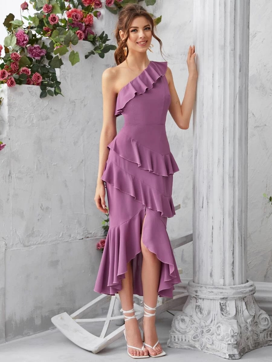 CM-DS304218 Women Elegant Seoul Style One Shoulder Layered Ruffle Trim Long Dress - Purple