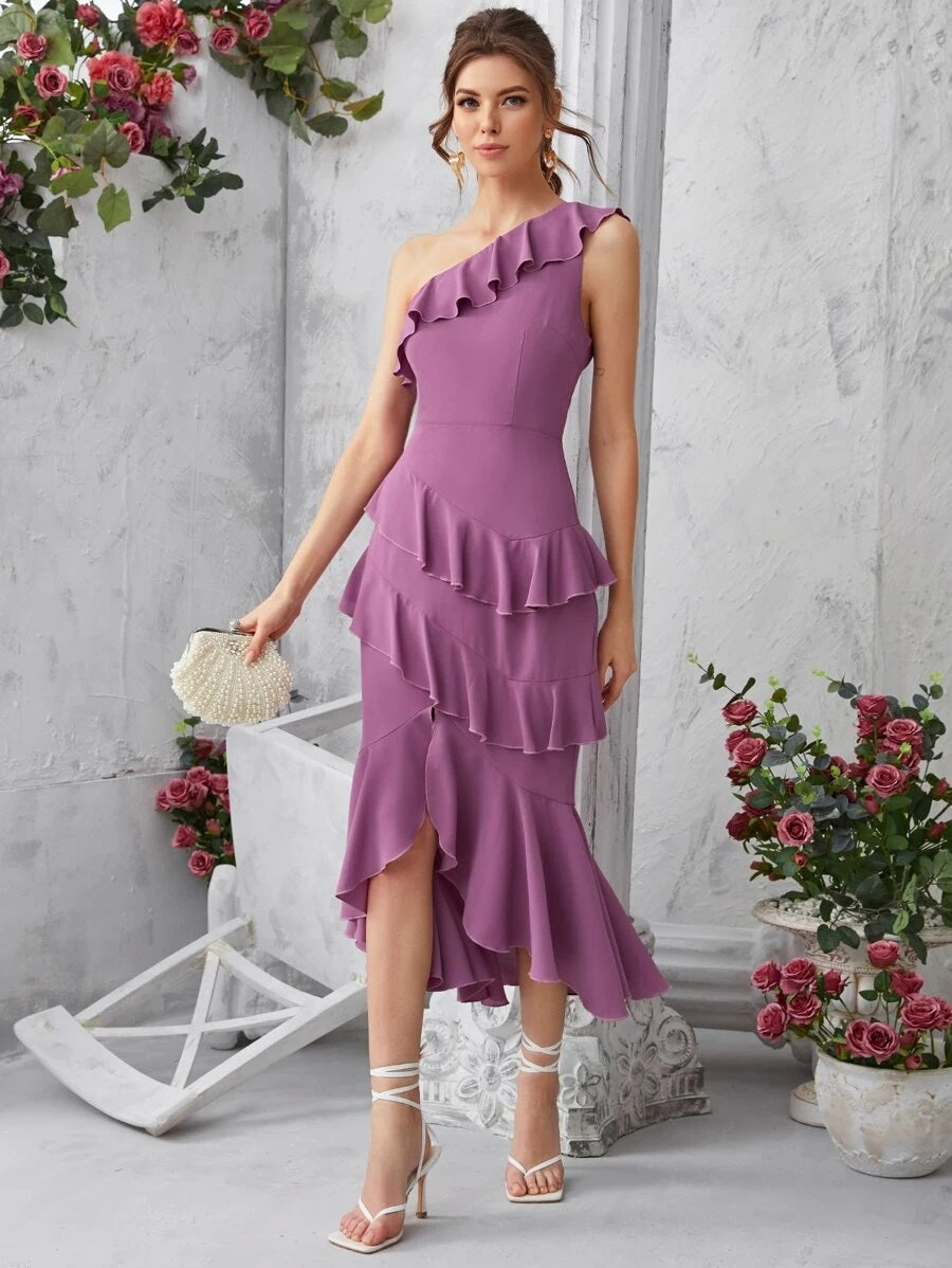 CM-DS304218 Women Elegant Seoul Style One Shoulder Layered Ruffle Trim Long Dress - Purple
