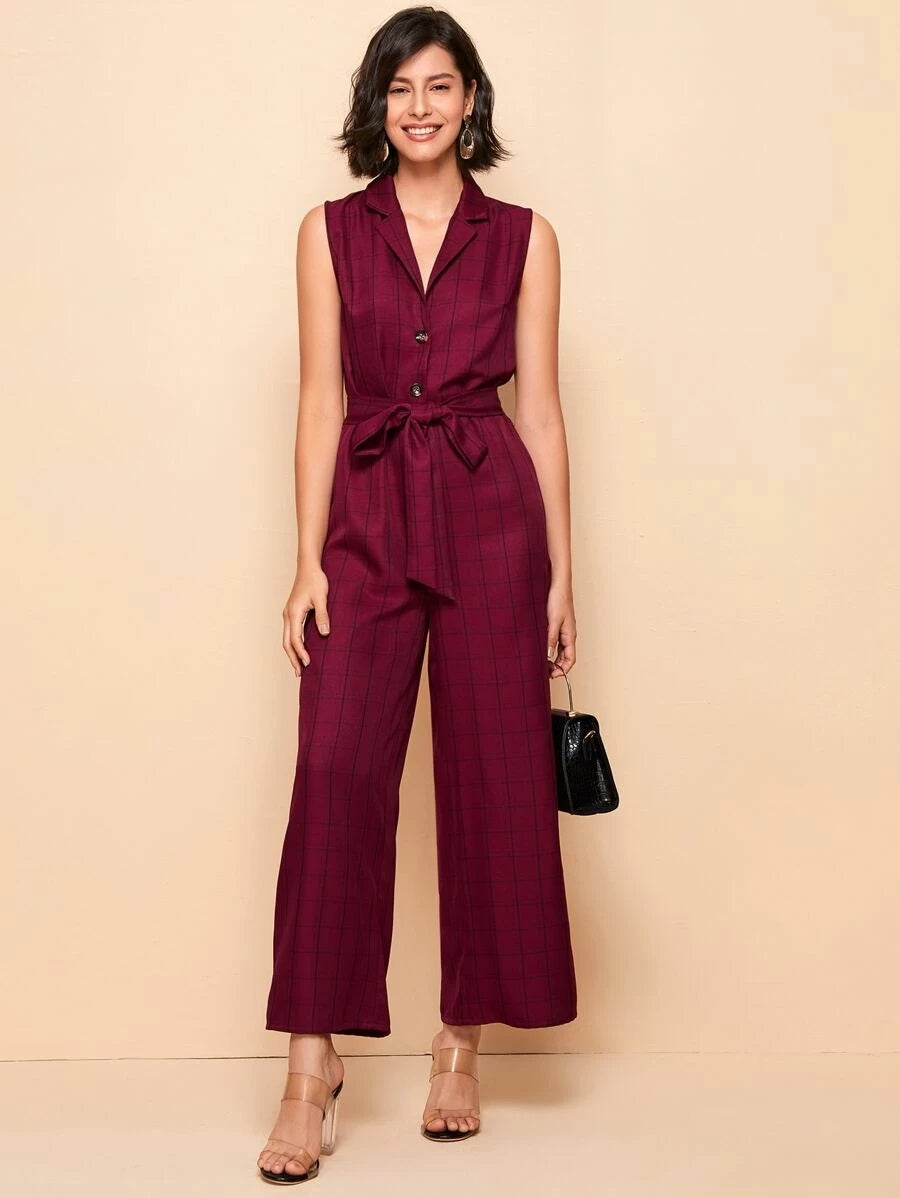 CM-JS416822 Women Casual Seoul Style Notched Collar Self Belted Wide Leg Grid Jumpsuit - Wine Red