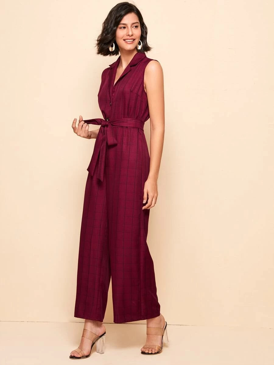 CM-JS416822 Women Casual Seoul Style Notched Collar Self Belted Wide Leg Grid Jumpsuit - Wine Red
