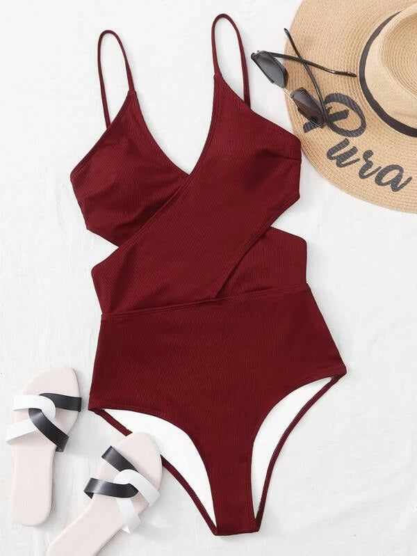 CM-SWS422852 Women Trendy Seoul Style Rib Cut-Out Cross One Piece Swimsuit - Wine Red