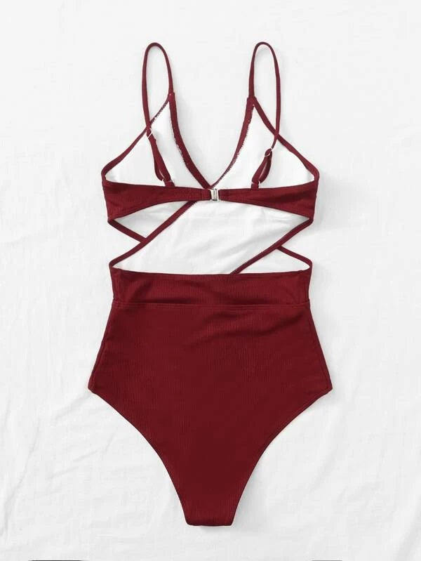 CM-SWS422852 Women Trendy Seoul Style Rib Cut-Out Cross One Piece Swimsuit - Wine Red