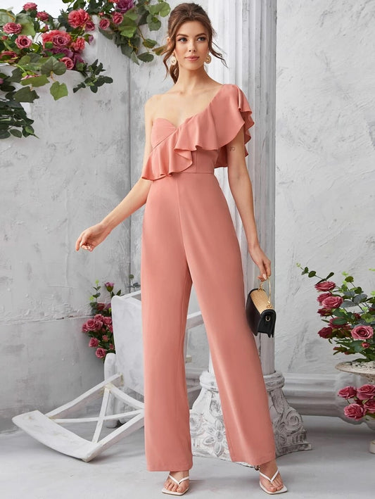 CM-JS401118 Women Elegant Seoul Style Cap Sleeve One Shoulder Ruffle Trim Jumpsuit - Pink