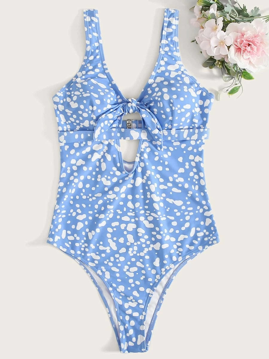 CM-SWS422092 Women Trendy Seoul Style Dalmatian Knot Front One Piece Swimsuit - Blue