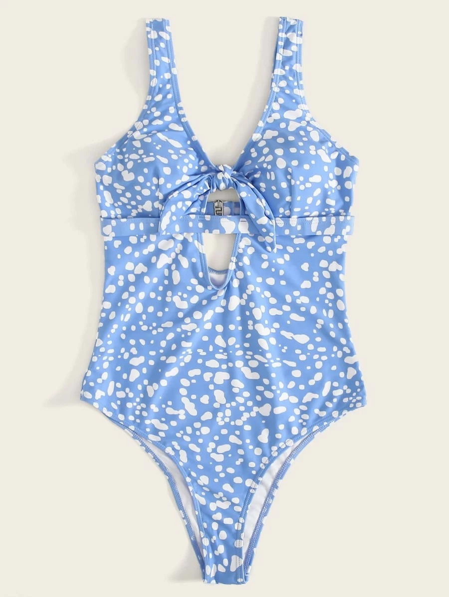 CM-SWS422092 Women Trendy Seoul Style Dalmatian Knot Front One Piece Swimsuit - Blue