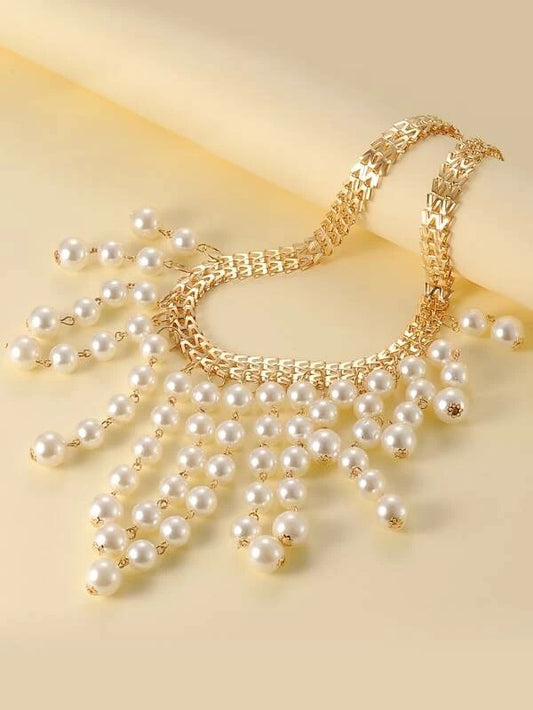 CM-AXS422898 Women Trendy Seoul Style Faux Pearl Tassel Charm Necklace