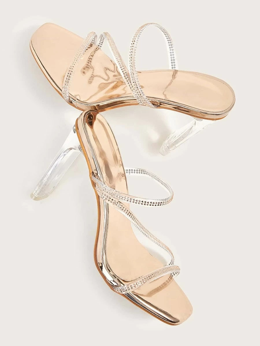 CM-SHS422918 Women Elegant Seoul Style Rhinestone Decor Open Toe Stiletto Heeled Mules