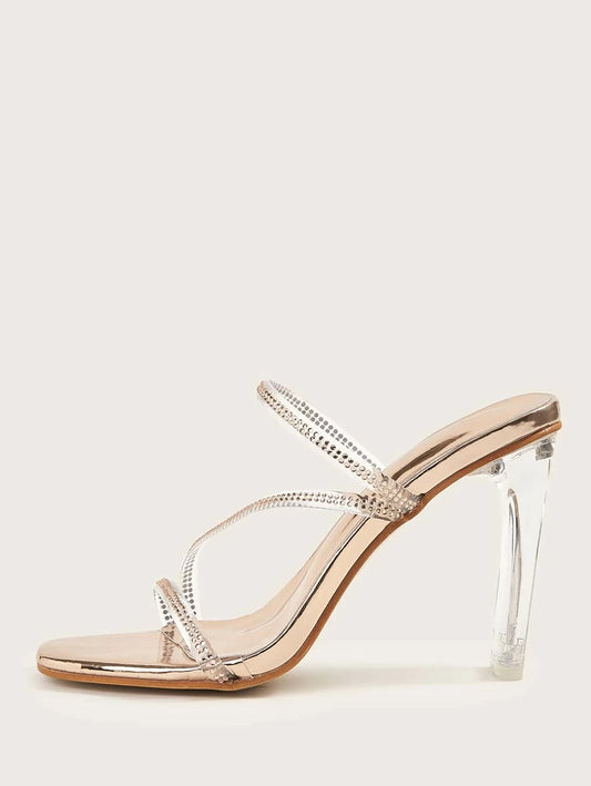 CM-SHS422918 Women Elegant Seoul Style Rhinestone Decor Open Toe Stiletto Heeled Mules