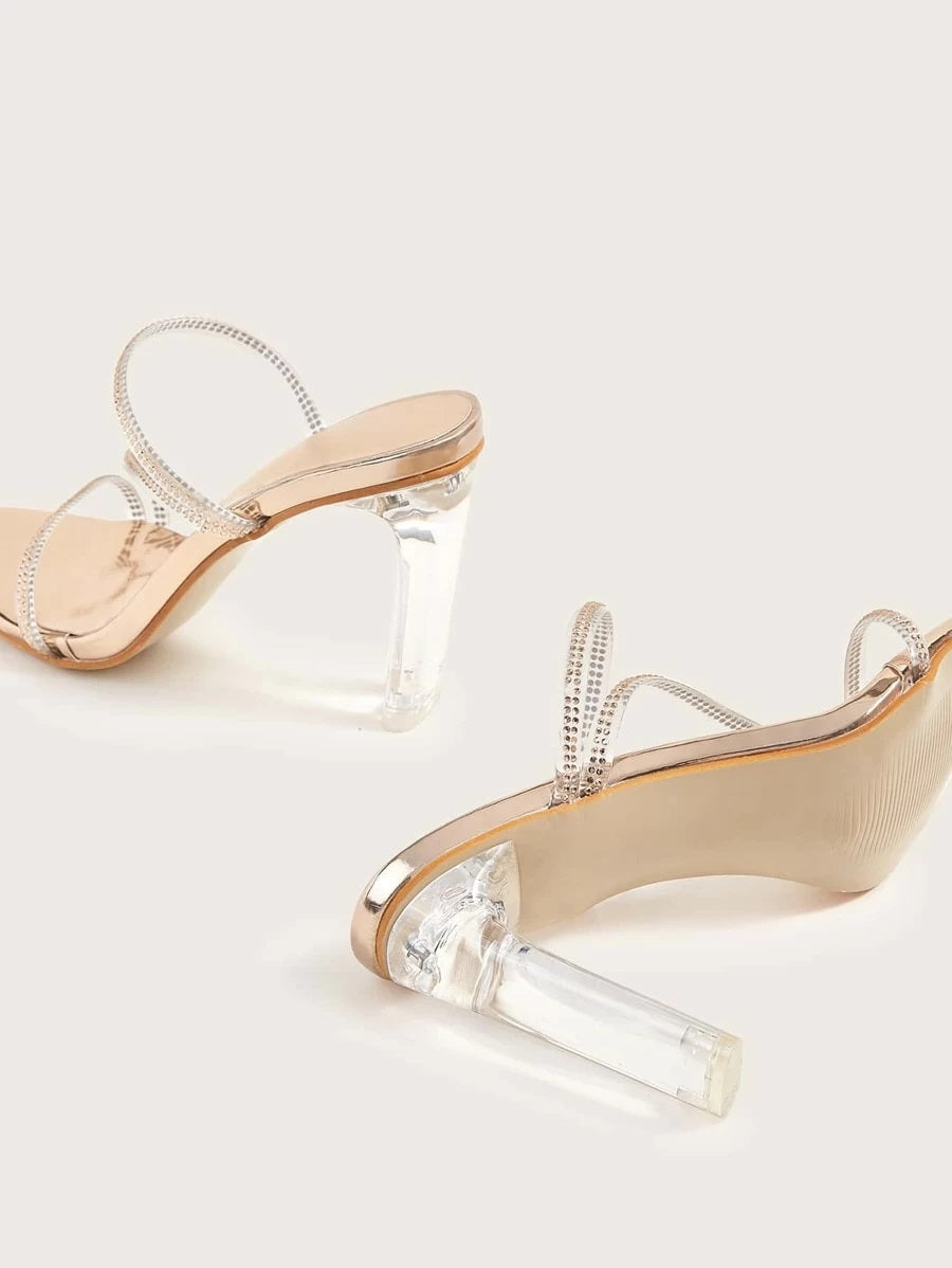 CM-SHS422918 Women Elegant Seoul Style Rhinestone Decor Open Toe Stiletto Heeled Mules