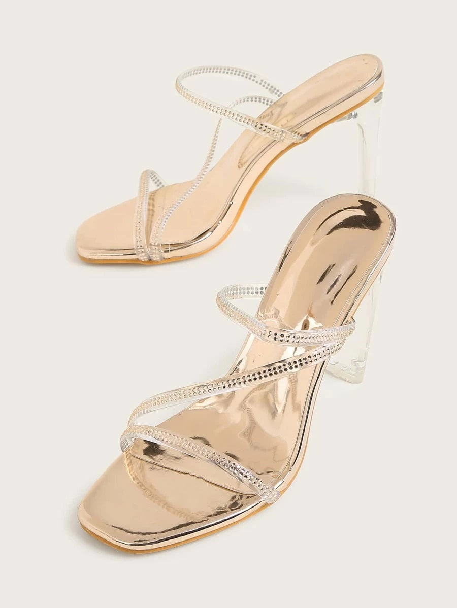 CM-SHS422918 Women Elegant Seoul Style Rhinestone Decor Open Toe Stiletto Heeled Mules