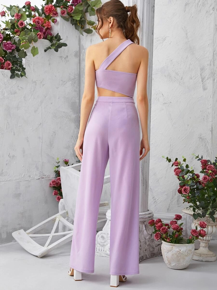 CM-JS319341 Women Elegant Seoul Style Sleeveless One Shoulder Cutout Detail Palazzo Jumpsuit - Purple