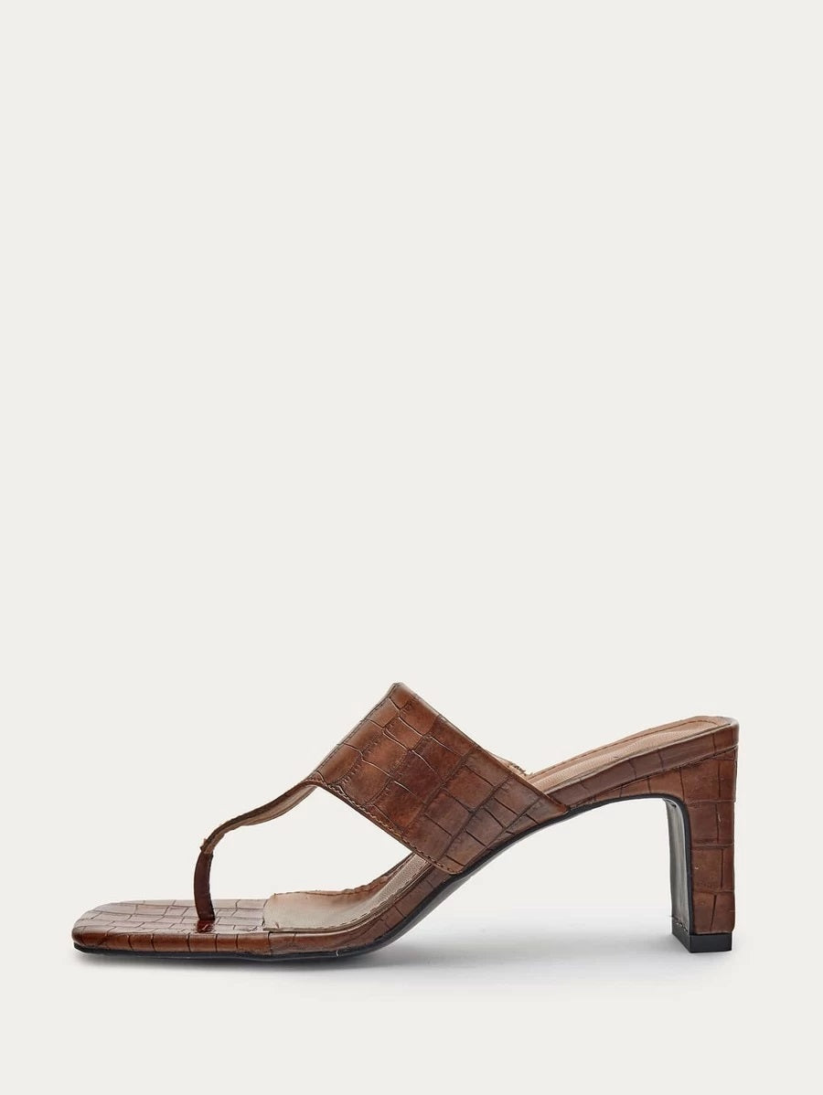 CM-SHS423867 Women Trendy Classic Style Toe Post Croc Embossed Chunky Heeled Mules