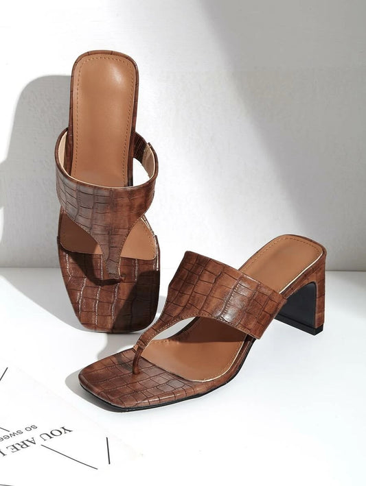 CM-SHS423867 Women Trendy Classic Style Toe Post Croc Embossed Chunky Heeled Mules
