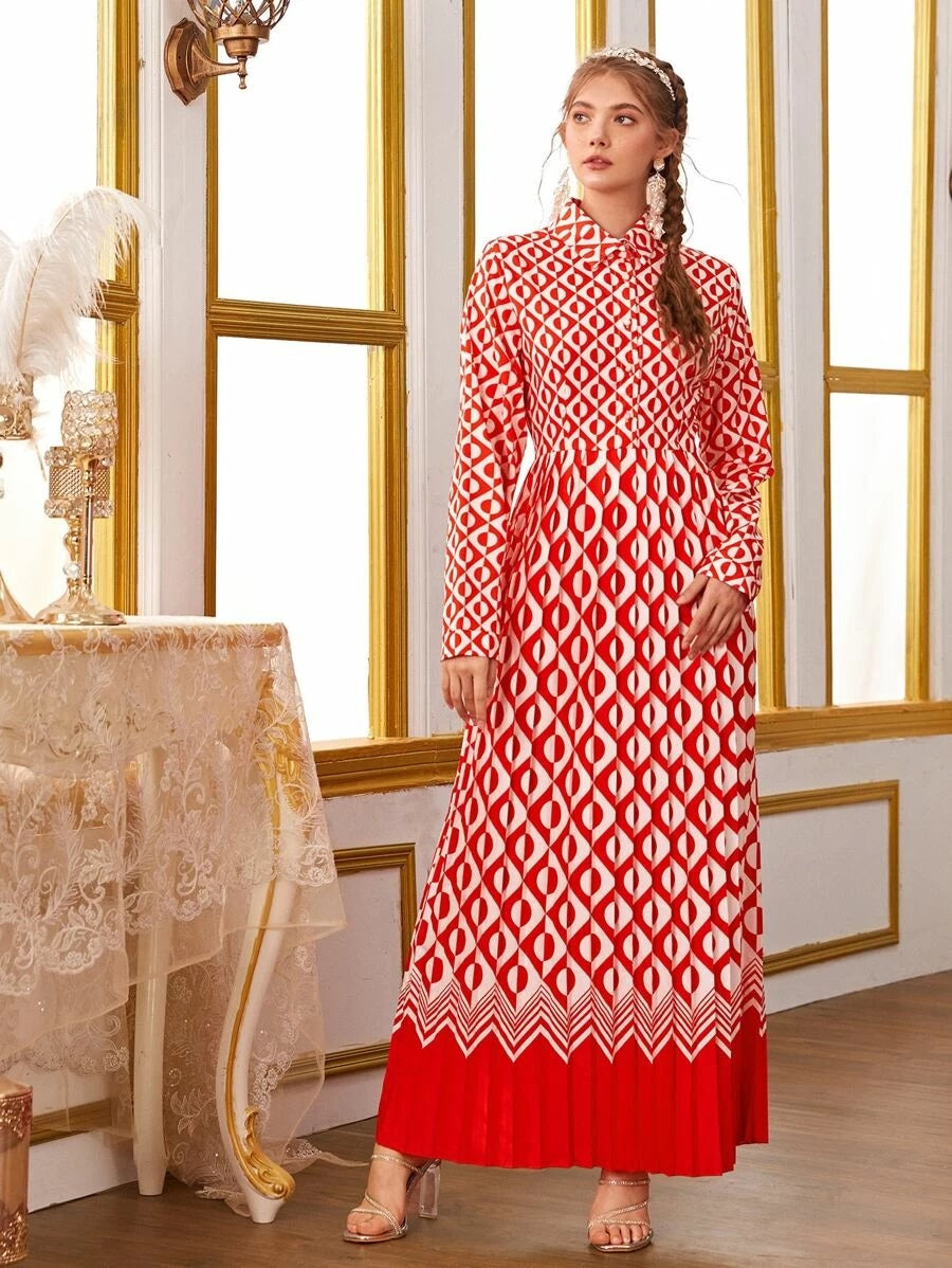 CM-DS415588 Women Elegant European Style Geometric Print Pleated Shirt Long Dress - Red