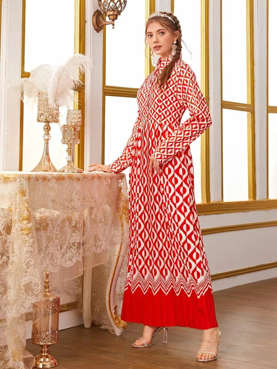 CM-DS415588 Women Elegant European Style Geometric Print Pleated Shirt Long Dress - Red