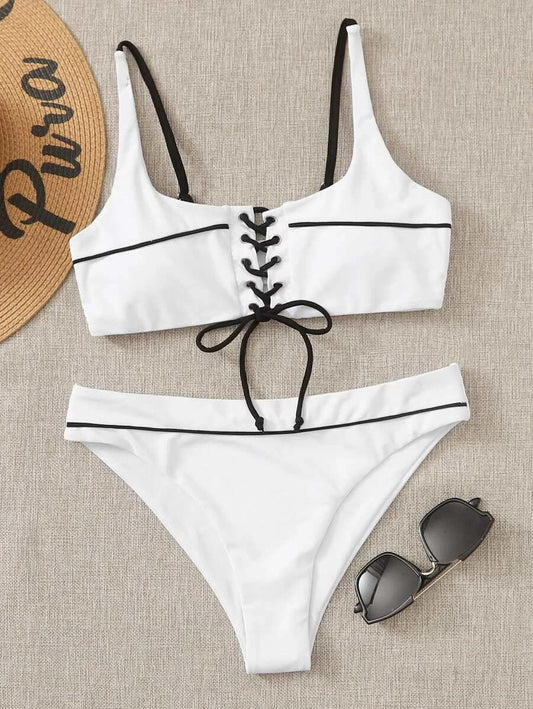 CM-SWS422498 Women Trendy Seoul Style Scoop Neck Lace-Up Front Bikini Swimsuit - White