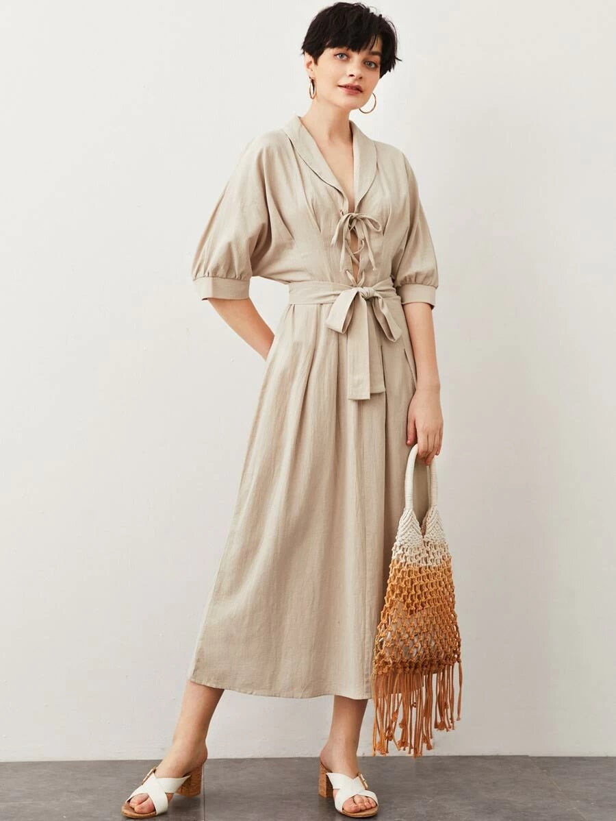 CM-DS413872 Women Casual Seoul Style Half Sleeve Shawl Collar Lace Up Front Belted Dress - Khaki