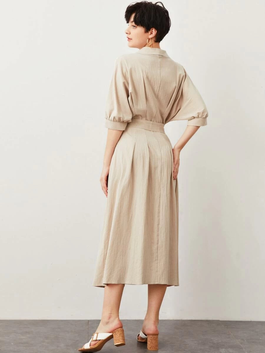 CM-DS413872 Women Casual Seoul Style Half Sleeve Shawl Collar Lace Up Front Belted Dress - Khaki