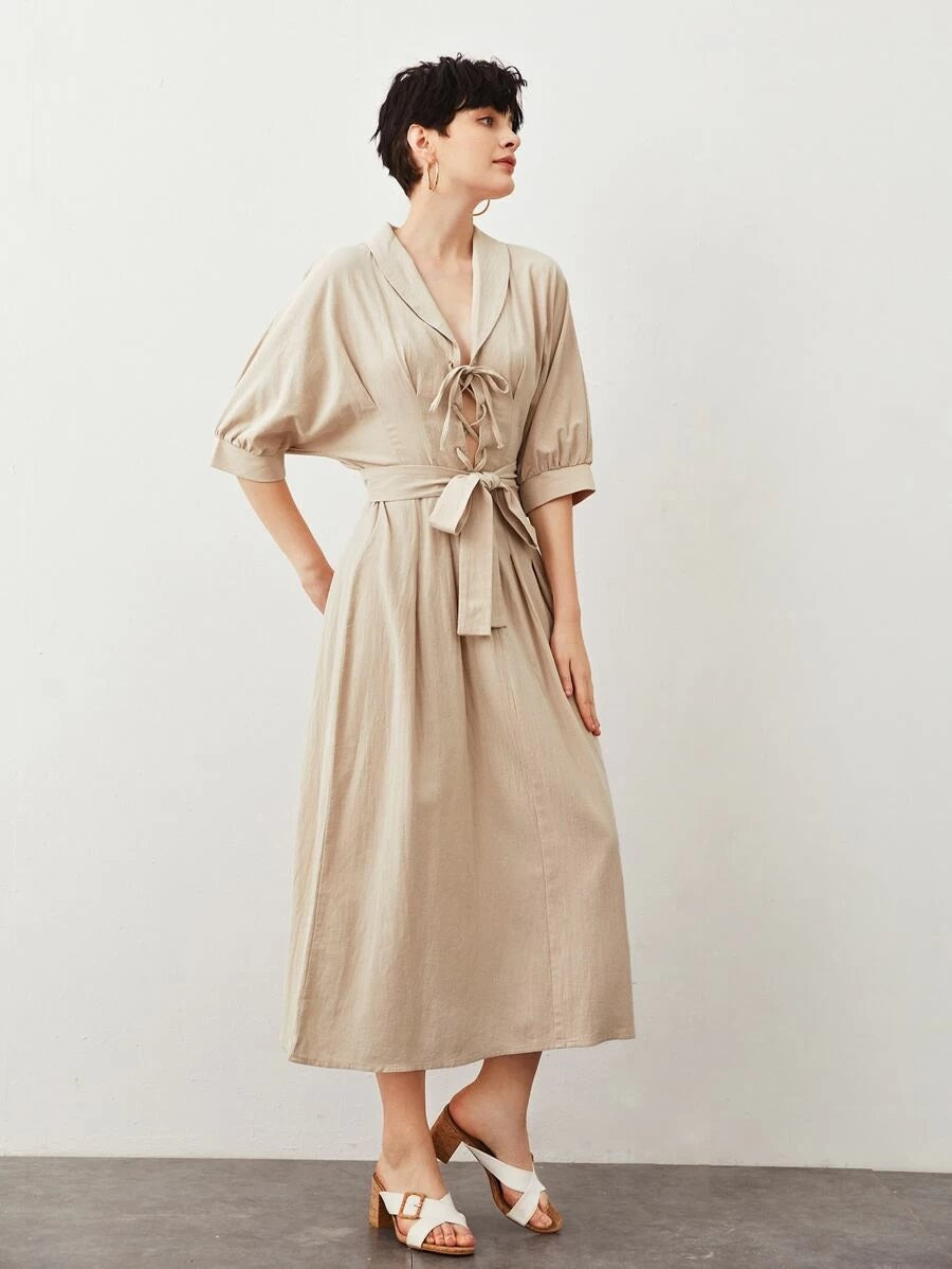 CM-DS413872 Women Casual Seoul Style Half Sleeve Shawl Collar Lace Up Front Belted Dress - Khaki