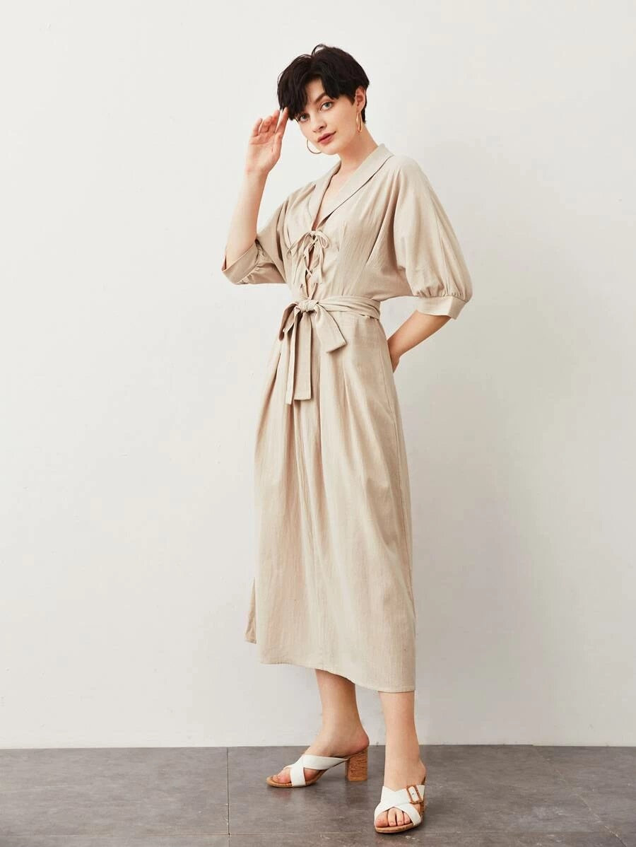 CM-DS413872 Women Casual Seoul Style Half Sleeve Shawl Collar Lace Up Front Belted Dress - Khaki