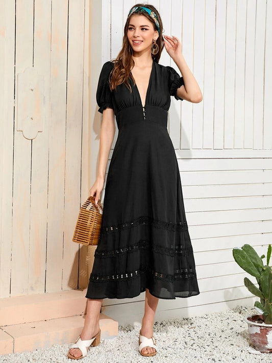 CM-DS326519 Women Elegant European Style Plunging Neck Embroidery Mesh Insert Flare Dress - Black
