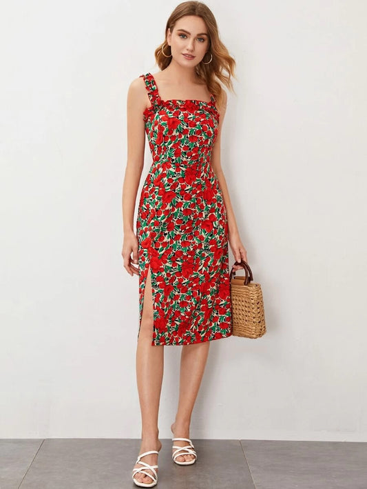 CM-DS409549 Women Casual Seoul Style Sleeveless Allover Floral Frilled Trim Split Cami Dress