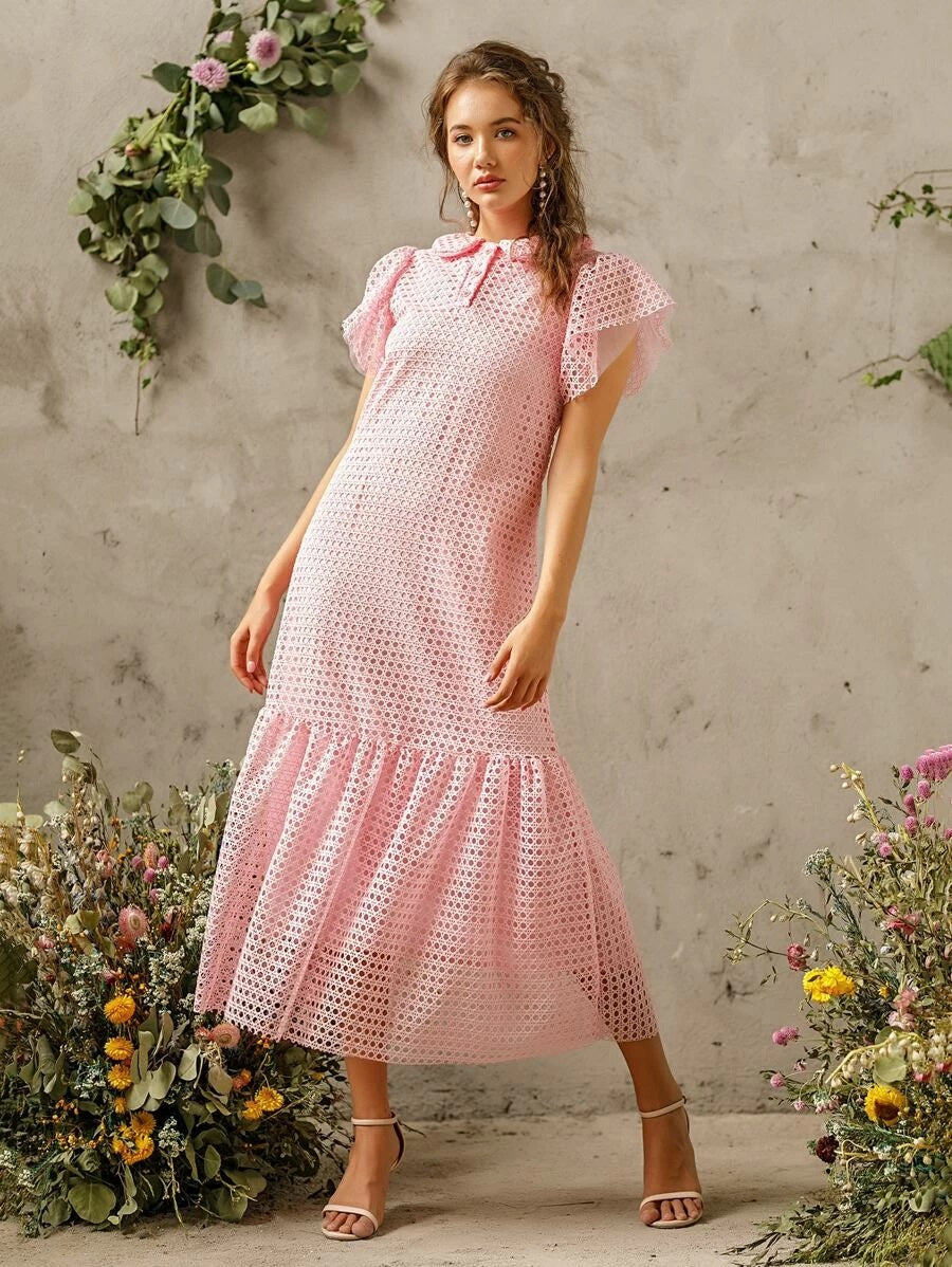 CM-DS414747 Women Elegant Seoul Style Short Sleeve Solid Ruffle Hem Hollow Out Dress - Pink