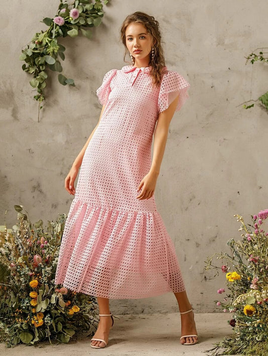 CM-DS414747 Women Elegant Seoul Style Short Sleeve Solid Ruffle Hem Hollow Out Dress - Pink