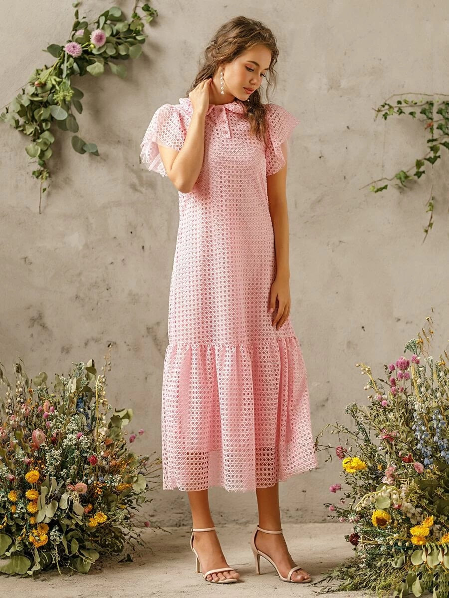 CM-DS414747 Women Elegant Seoul Style Short Sleeve Solid Ruffle Hem Hollow Out Dress - Pink