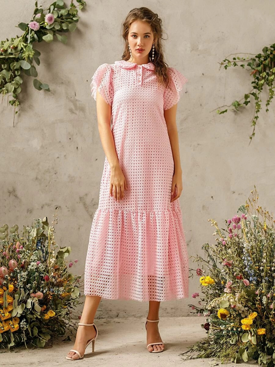CM-DS414747 Women Elegant Seoul Style Short Sleeve Solid Ruffle Hem Hollow Out Dress - Pink
