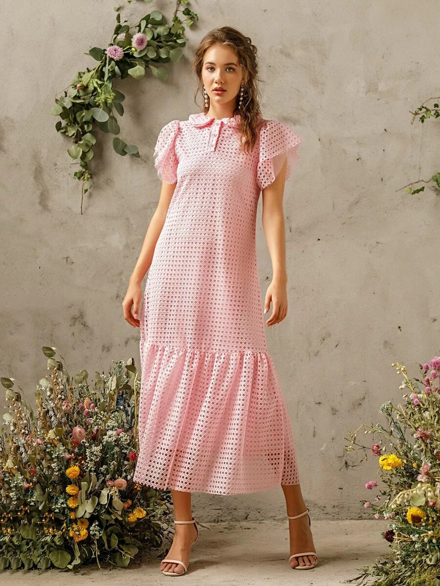 CM-DS414747 Women Elegant Seoul Style Short Sleeve Solid Ruffle Hem Hollow Out Dress - Pink