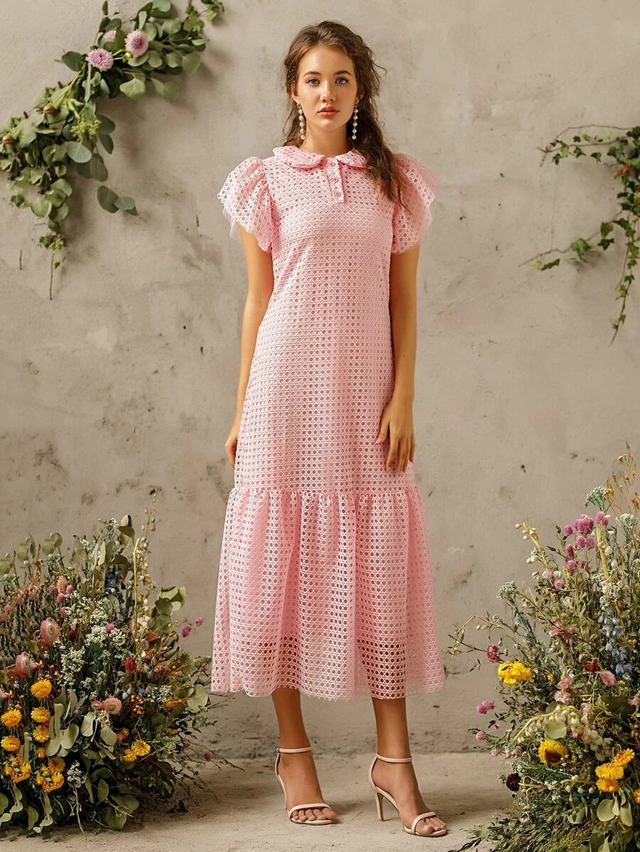 CM-DS414747 Women Elegant Seoul Style Short Sleeve Solid Ruffle Hem Hollow Out Dress - Pink