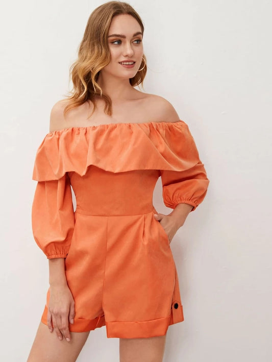 CM-JS409107 Women Casual Seoul Style 3/4 Sleeve Flounce Off Shoulder Cuffed Romper - Orange