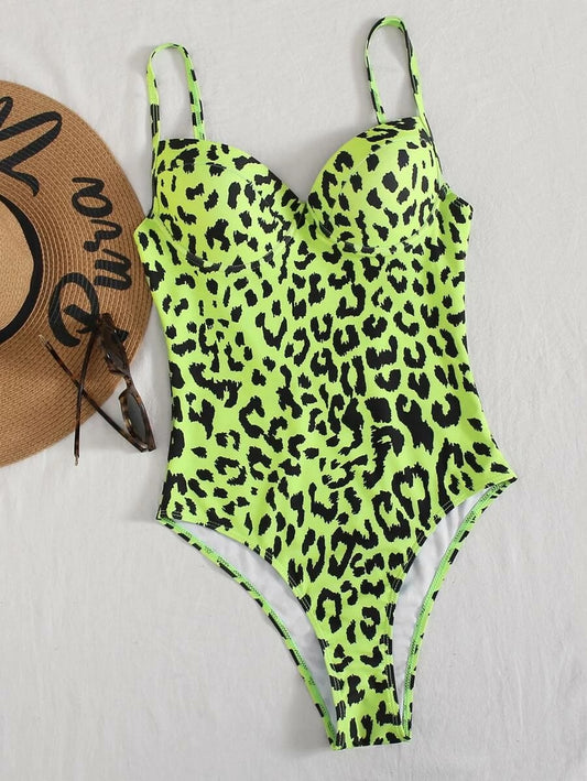 CM-SWS427048 Women Trendy Seoul Style Neon Lime Leopard One Piece Swimsuit