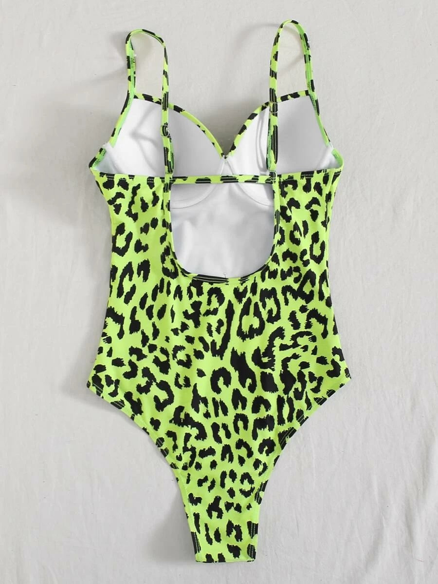 CM-SWS427048 Women Trendy Seoul Style Neon Lime Leopard One Piece Swimsuit