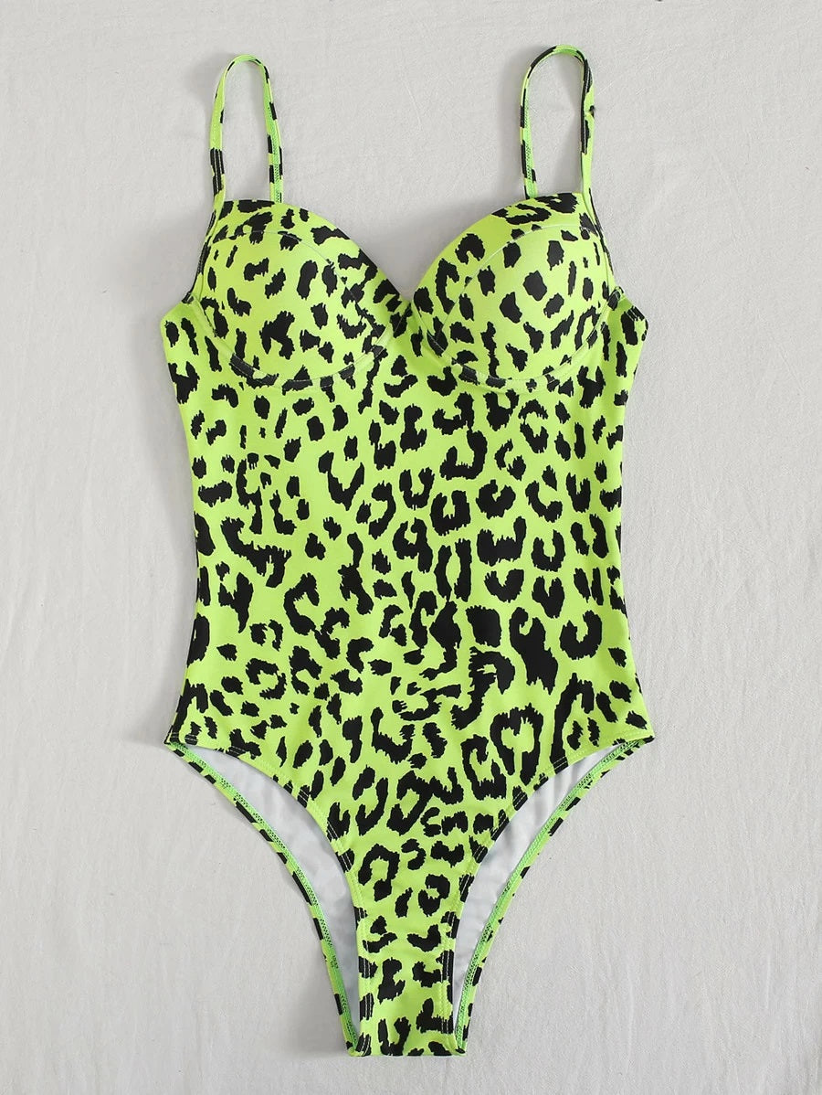 CM-SWS427048 Women Trendy Seoul Style Neon Lime Leopard One Piece Swimsuit