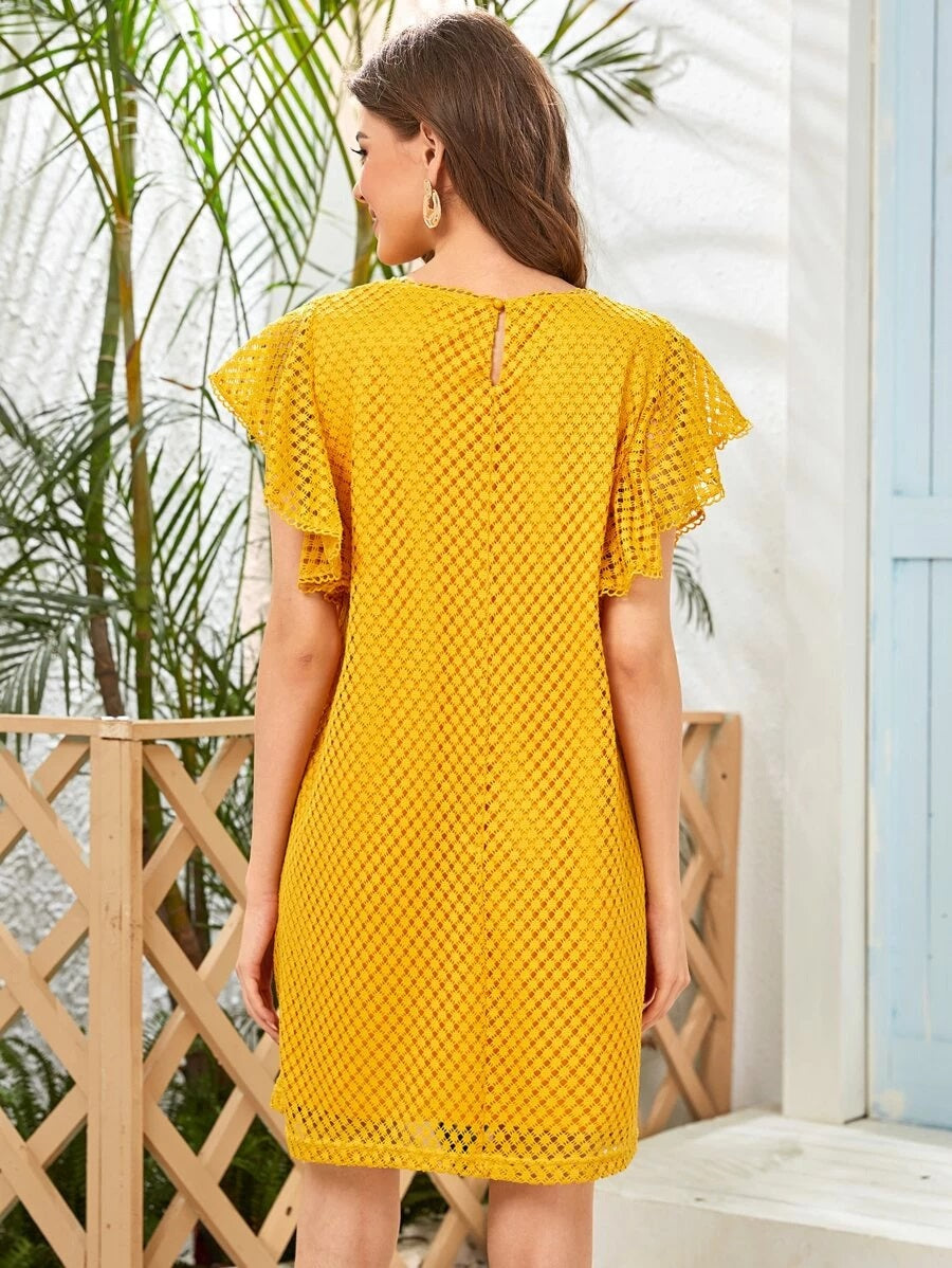CM-DS113044 Women Trendy Bohemian Style Round Neck Ruffle Armhole Lace Smock Dress - Yellow