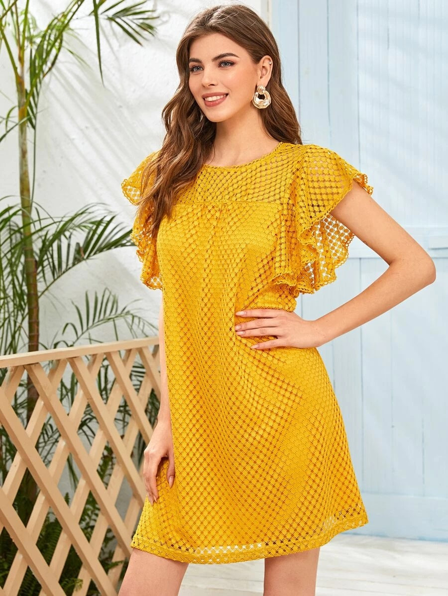 CM-DS113044 Women Trendy Bohemian Style Round Neck Ruffle Armhole Lace Smock Dress - Yellow