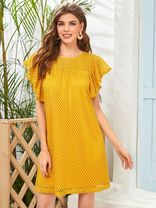 CM-DS113044 Women Trendy Bohemian Style Round Neck Ruffle Armhole Lace Smock Dress - Yellow