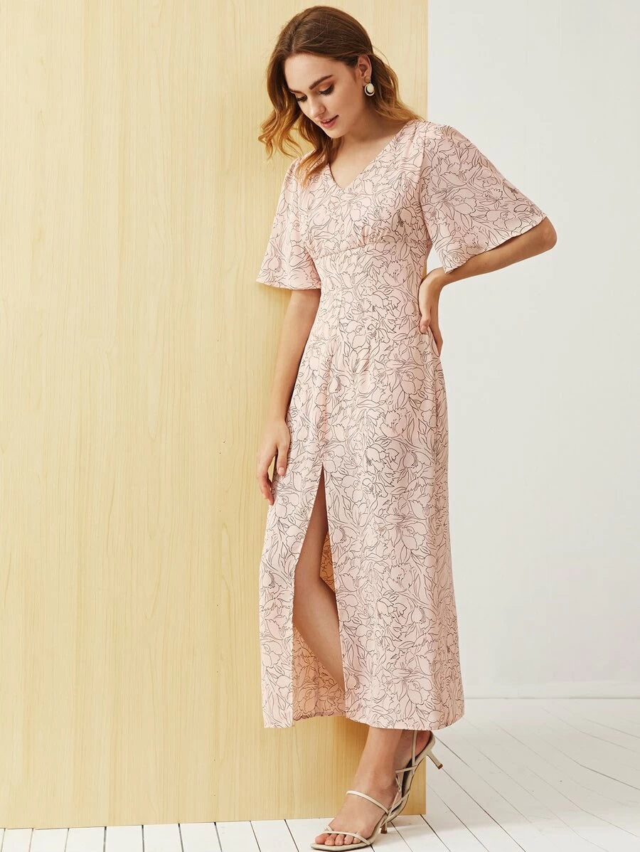 CM-DS414511 Women Trendy Bohemian Style Flounce Sleeve Split Hem Floral Print Dress - Pink