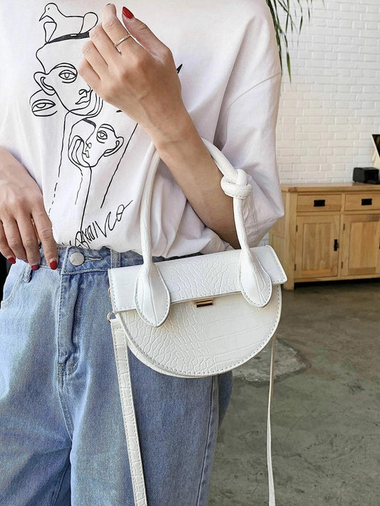 CM-BGS427951 Women Casual Seoul Style Semicircle Croc Embossed Satchel Bag - White